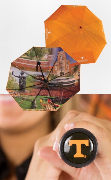 Click for more info and to purchase your UT umbrella. This double canopied umbrella is very unique. Imprinted on the outer canopy is the "Power T" with "The University of Tennessee" text. Full color graphics on the inner canopy.